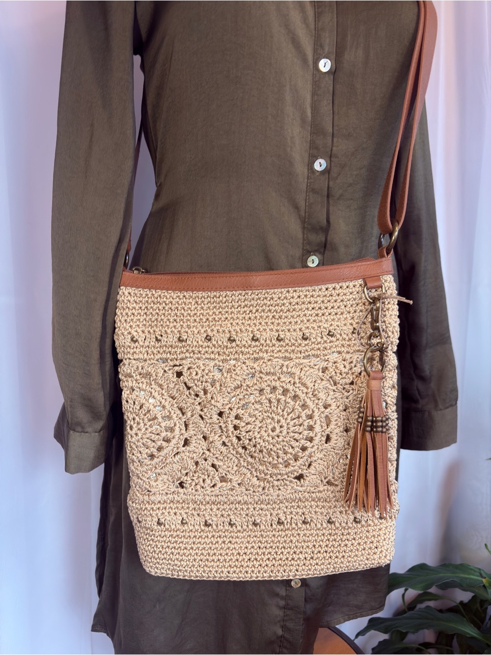The Sak Lucia Crochet Crossbody Bag Purse Summer Tassle New w/o Tags